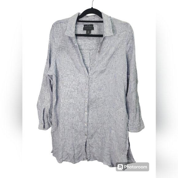 Tahari Shirt Women 1X Plus Blue Linen Button Down Tunic Lagenlook Casual Preppy - Picture 1 of 5
